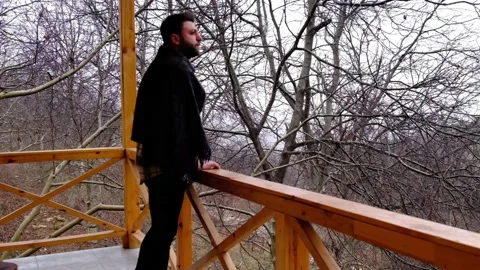 Man looking outside while it's snowing on the balcony, snowfall, balcony, Stock Footage 229995716