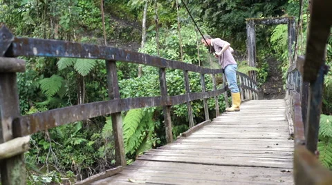 Man Looking Over Hanging Bridge Stock Footage 56564229