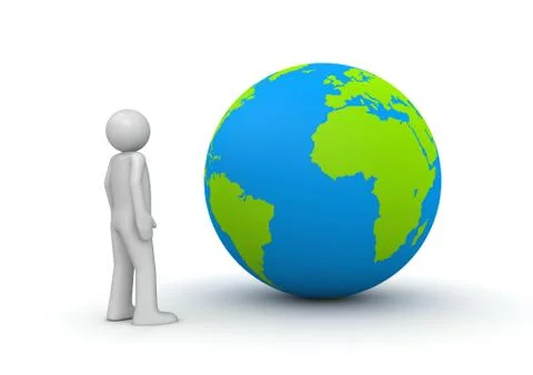 Man looking at planet earth / globe (3d isolated characters) Stock Illustration