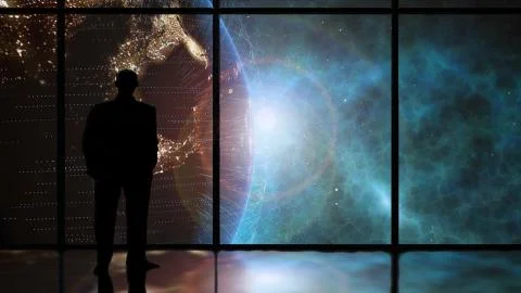 Man looking at planet earth in space Stock Illustration