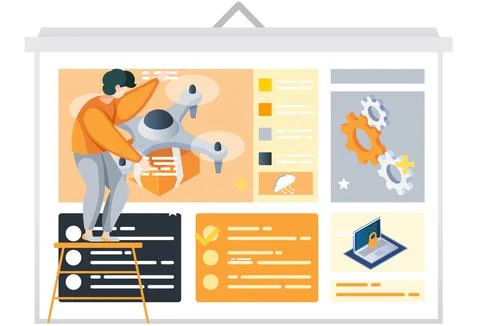 Man looking at presentation poster with description of quadcopter, modern Stock Illustration