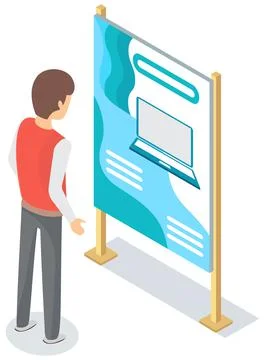 Man looking at presentation poster of new computer. Ad for laptop, advertisement Stock Illustration