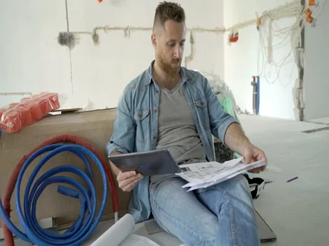 Man looking on the project and browsing internet on tablet, steadycam shot Stock-Footage 78520692