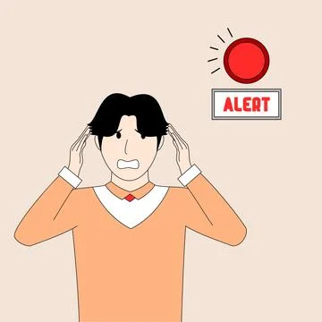 Man is looking at a red alert button. He is looking very worried Stock Illustration