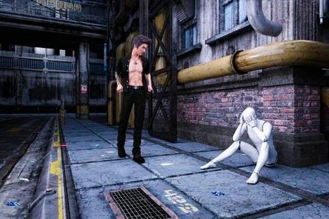 Man looking at sad robot sitting on sidewalk in futuristic city Stock Illustration