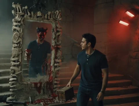 Man Looking into a Skull-Framed Mirror with a Dark Reflection Video stock 312355487