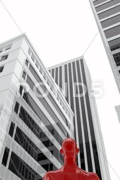 Man looking skyscrapers buildings Stock Illustration