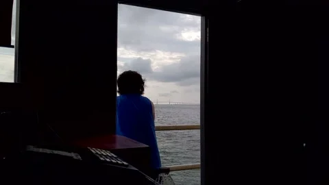 Man looking at Skyway bridge seen through doorway on cloudy morning 2 動画素材 158842169