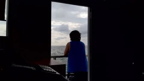 Man looking at Skyway bridge seen through doorway on cloudy morning 3 動画素材 158842190