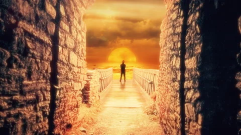 Man Looking Sunset Ocean Horizon Zoom In Cave Bridge 库存影片 209835268