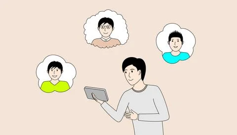 A man is looking at a tablet and communicate with three people Stock Illustration