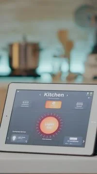 Man looking at tablet with wireless lighting automation software Stock Photos