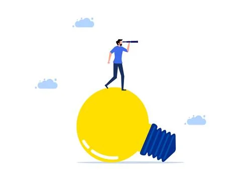 Man looking through binoculars on a big light bulb. brainstorming and looking Illustrazione stock