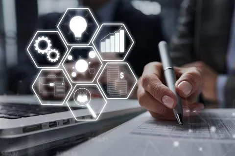 Man looking through to documents. Business assessment and audit. Stock Photos