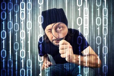 Man looking through magnifying glass Stock Illustration