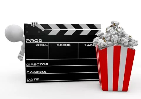 Man looking through the movie clapper and popcorn Stock Illustration