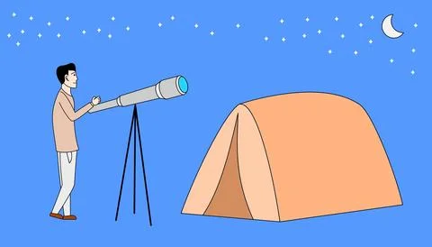 Man is looking through a telescope at a tent Stock Illustration