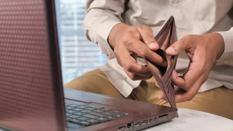 Man Looking Through Wallet Empty Of Cash, No Money and cards financial debt Stock Footage 336450618