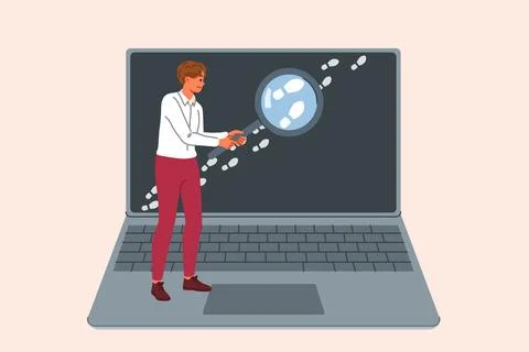 Man is looking for traces on internet, working OSINT specialist and holding Stock Illustration