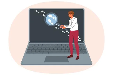 Man is looking for traces on internet, working OSINT specialist and holding Stock Illustration