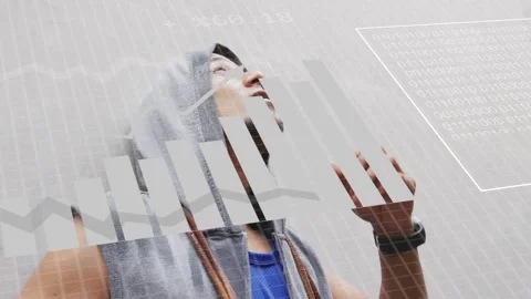 Man looking upward, HUD appearing, raising hand, pie charts, binary panel Stock Footage 333610179
