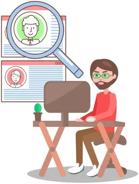 Man looking at user profiles in program for chatting or recruitment. Guy Stock Illustration