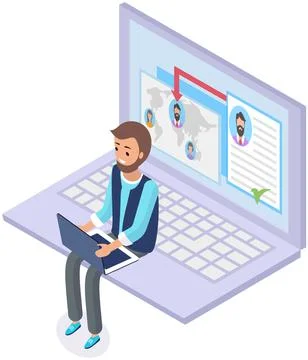 Man looking at user profiles in social network. Program for recruitment work Stock Illustration