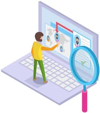 Man looking at user profiles in social network. Program for chatting, mailing or Stock Illustration
