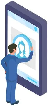 Man looking at user profiles in social network. Program for chatting, mailing or Stock Illustration