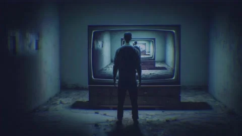 Man looking at video of himself on old tv with glitch and blinking light. V.. Stock Footage 238920839