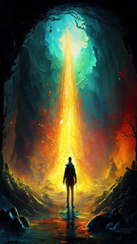 Man looking at volcanic eruption inside the volcano with beautiful colors a.. Stock Footage 238920353