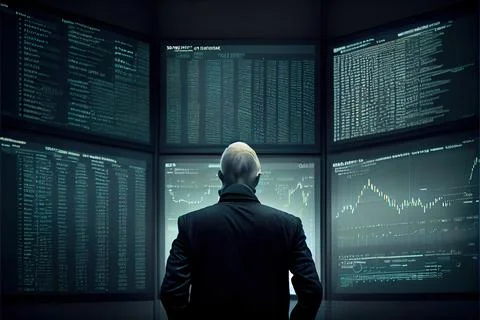 A Man Looking At A Wall Of Screens With A Chart On It In A Dark Room With A Man Stock Illustration