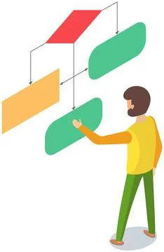 Man looking at whiteboard with schemes vector, programmer examining charts and Illustrazione stock