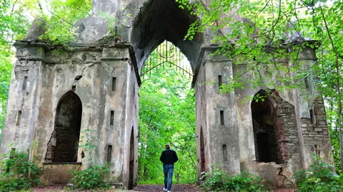 A man looks around the old gate at the entrance to the Royal estate Stock Footage 89976859