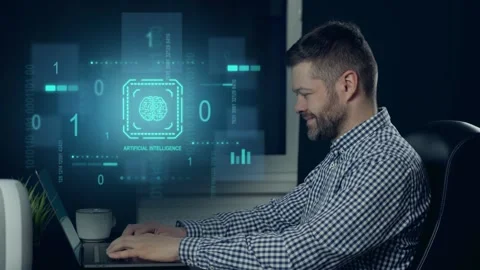 A man looks at artificial intelligence data on a laptop Stock Footage 258972321