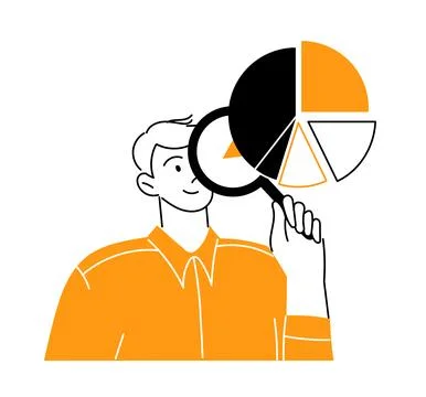 Man looks at a graph through a magnifying glass Stock Illustration