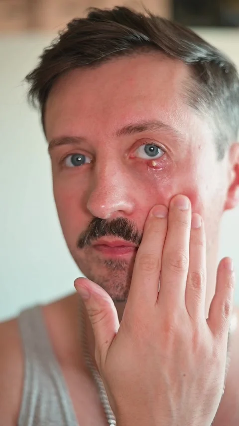 A man looks at his eye while touching the area affected by chalazion. He 库存影片 337558573