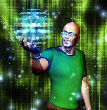 Man looks at many image sphere with binary code Stock Illustration