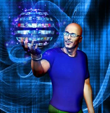 Man looks at many image sphere with binary code Stock Illustration