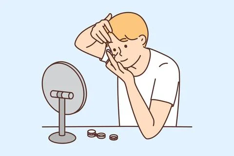 Man looks in mirror and inserts contact lenses to improve vision or change eye Stock Illustration