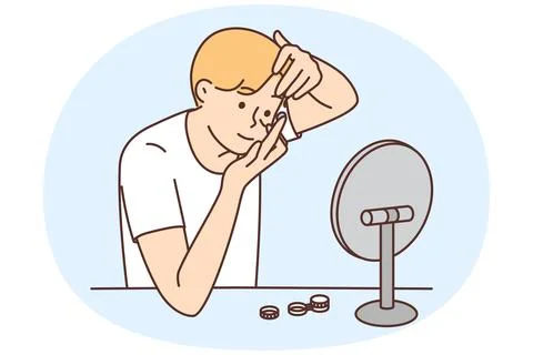 Man looks in mirror and inserts contact lenses to improve vision or change eye Stock Illustration