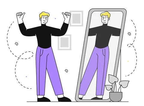 Man looks mirror vector linear Stock Illustration