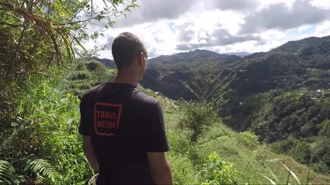 Man Looks From Mountain, View Of Valley with Rice Terraces, Banaue, Philippines Vídeo Stock 234323514