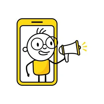 Man looks out through a mobile screen and announcing something in a megaphone 스톡 일러스트
