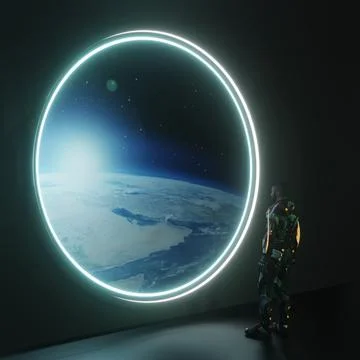 Man looks at a planet from space Stock Illustration