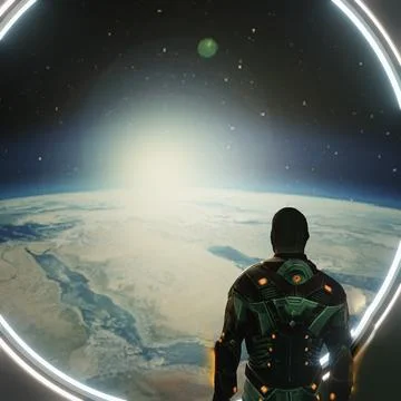 Man looks at a planet from space render 3d Stock Illustration