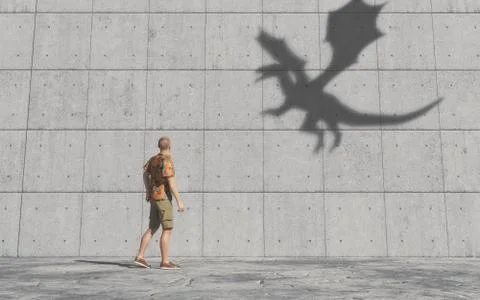 Man looks at the shadow of a dragon on the wall. Stock Illustration