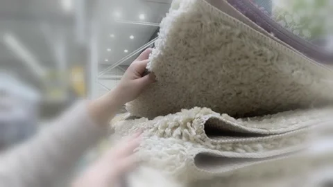 A man looks at a stack of white and purple carpets. A man holds a pen and looks Stock Footage 294409491