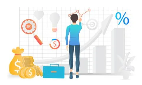 A man looks at a statistical data chart from his business Stock Illustration