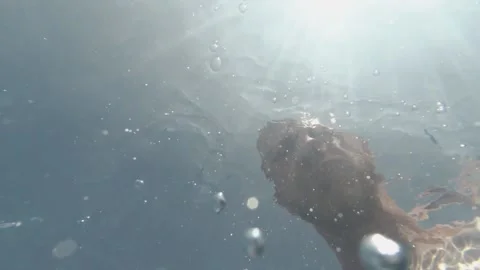 A man looks through the water of the pool at its bottom 動画素材 163480092